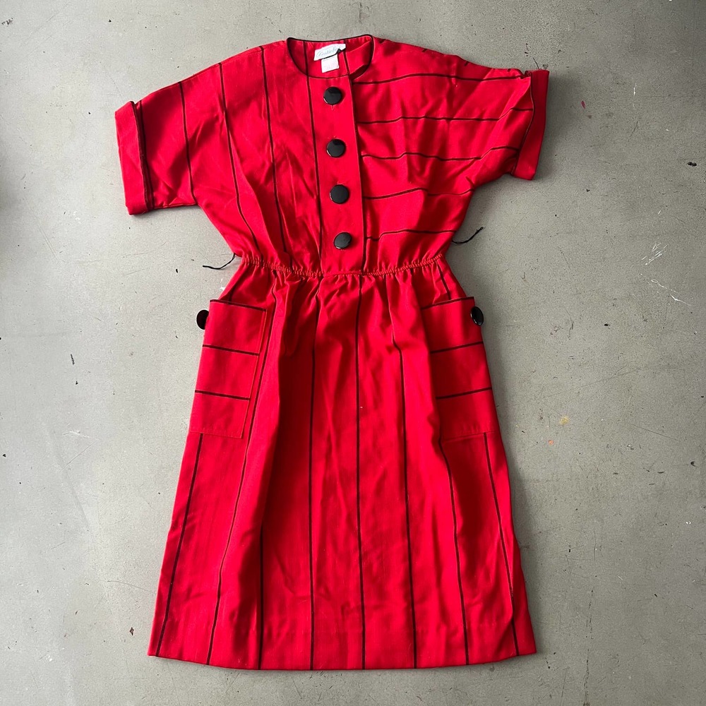 Vintage Leslie Fay 80s Midi Dress Red Black Stripe, Big Button, Pocket, Women 14
